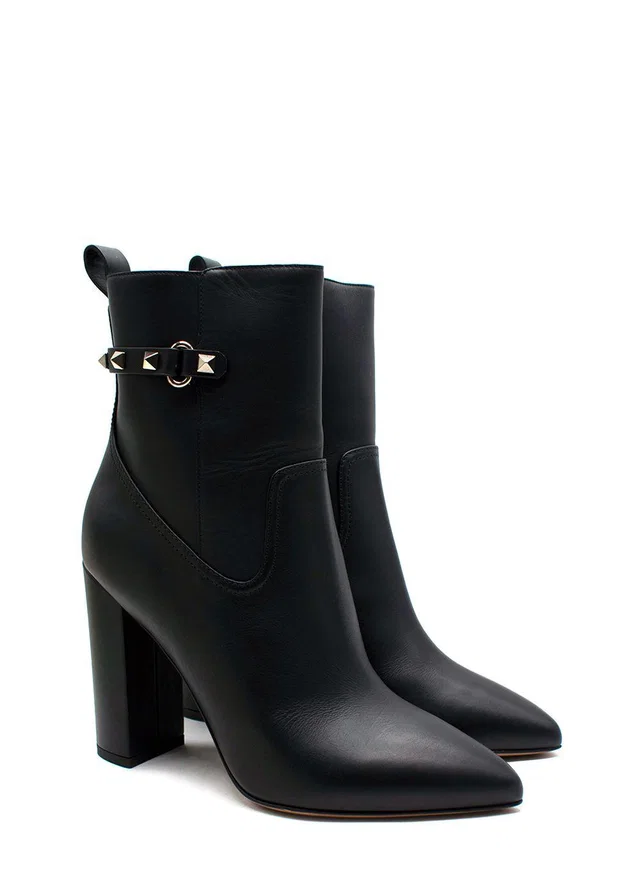 Valentino Garavani Black Leather Rockstud Ankle Boots in Black Leather from HEWI