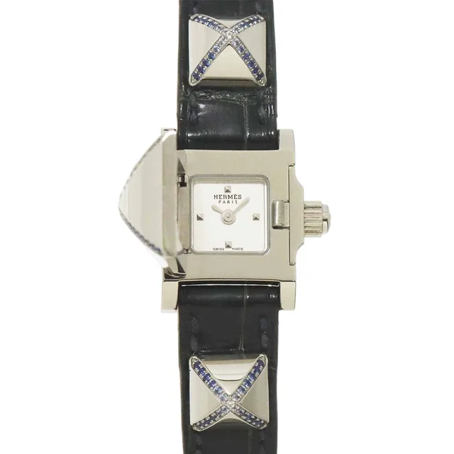 Hermès Medor Mini Watch Sapphire Pyramid Silver Studs Quartz in Silver Crocodile from The Reluxe