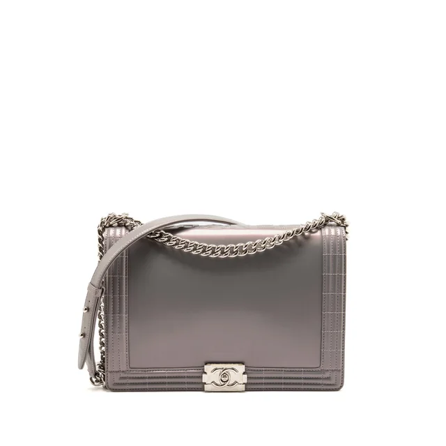 Chanel Reverso Boy Flap Patent Iridescent Grey SHW in Grey Patent leather from EMIER