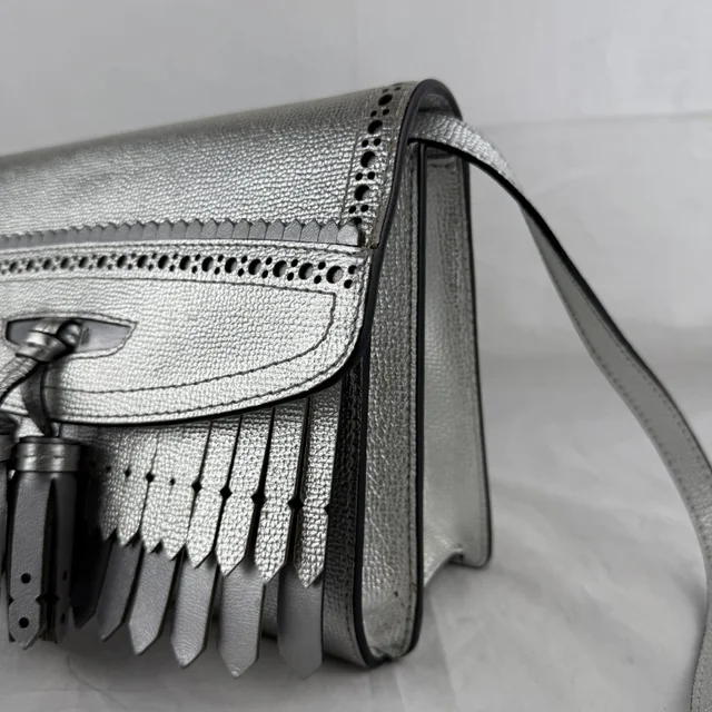 Burberry Silver Leather Fringed Macken Crossbody Bag in Silver GHW, Leather, Metal, Perforated leather from Reowned, photo 3 of 10
