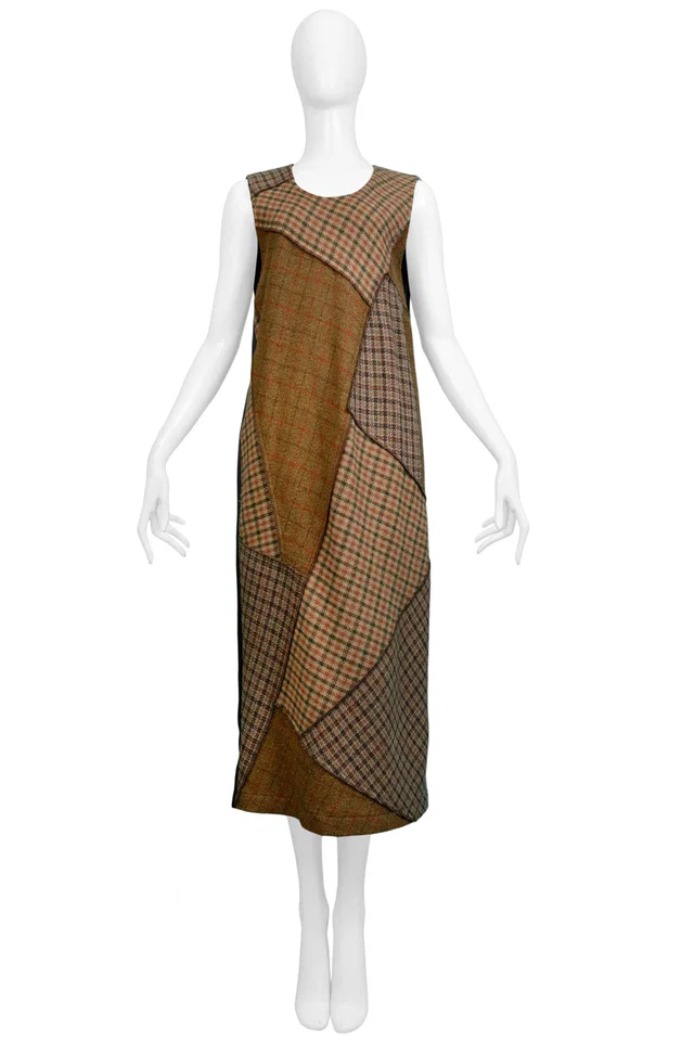 Comme des Garçons Brown Plaid Shift Dress 1992 in Brown Satin from Resurrection Vintage