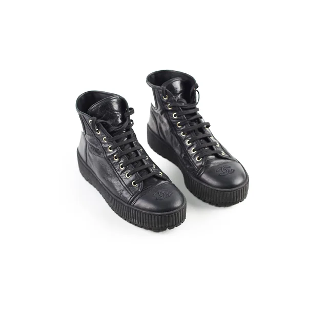Chanel Cap Toe Lace Up Boots Black Size 40.5C in Black Calfskin from The Purse Affair