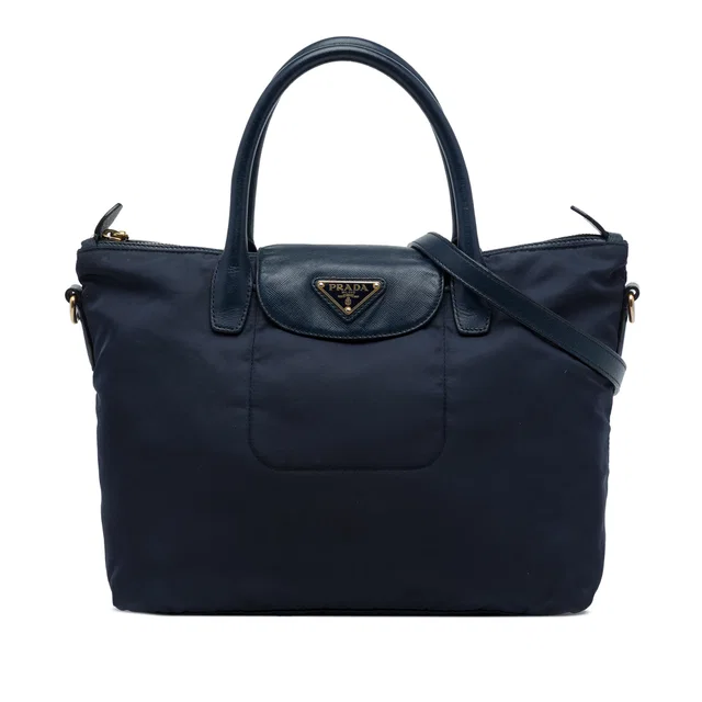 Blue Prada Saffiano Trimmed Tessuto Satchel in Blue Saffiano leather from Designer Revival