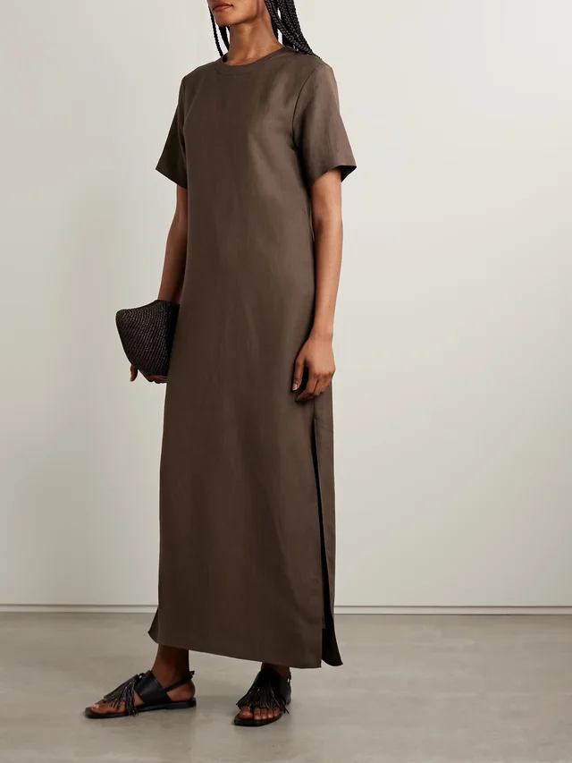 BRUNELLO CUCINELLI Bead-embellised twill midi dress in Brown, photo 2 of 2 from NET-A-PORTER (Canada)