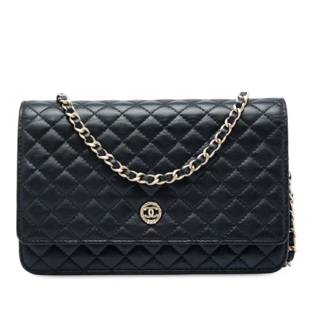 Black Chanel Quilted Lambskin Crest Wallet On Chain Crossbody Bag in Black Lambskin from Designer Revival