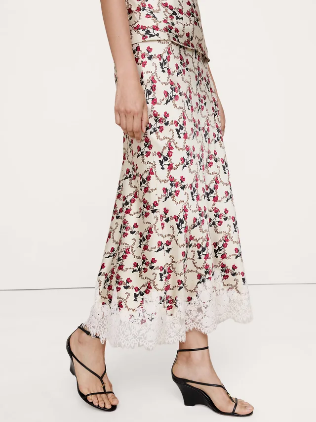 Banana Republic Stretch-Satin Lace-Trim Midi Skirt in Cream Floral, photo 4 of 5 from Banana Republic (US)