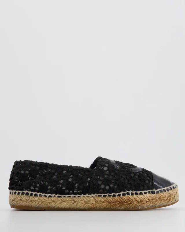 Chanel Black Lace Espadrilles with Patent Leather CC Logo and Toe Cap Detail Size EU 40 in Black Patent leather from Sellier