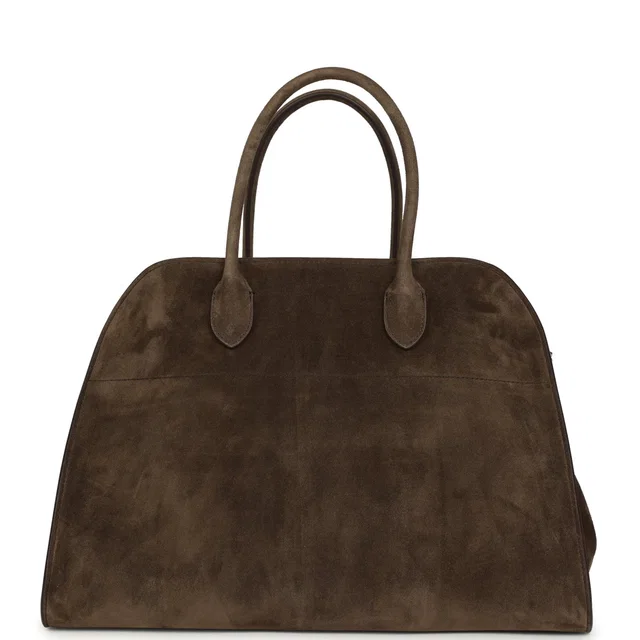 The Row Soft Margaux 15 Bag Nut Brown Suede Silver Hardware in Brown Suede from Madison Avenue Couture