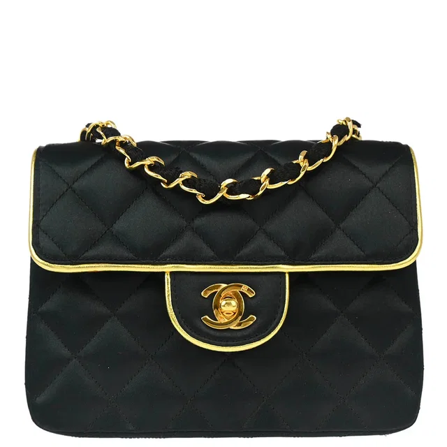 Chanel 1989-1991 Black Satin Mini Classic Square Flap Shoulder Bag 17 in Black Satin from AMORE Vintage Tokyo