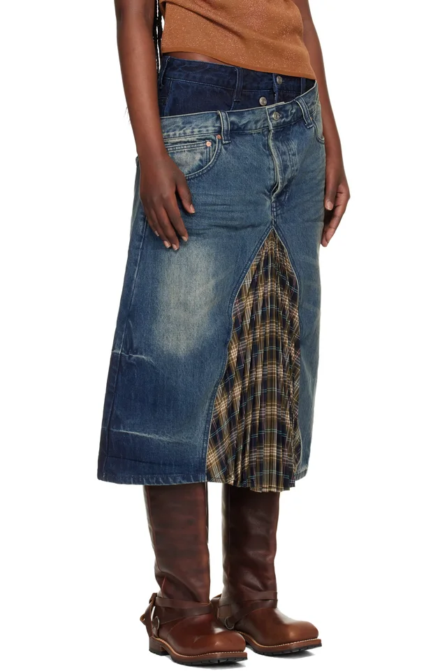 Andersson Bell Blue & Khaki Pleats Combo Flipped Denim Midi Skirt, photo 2 of 4 from SSENSE