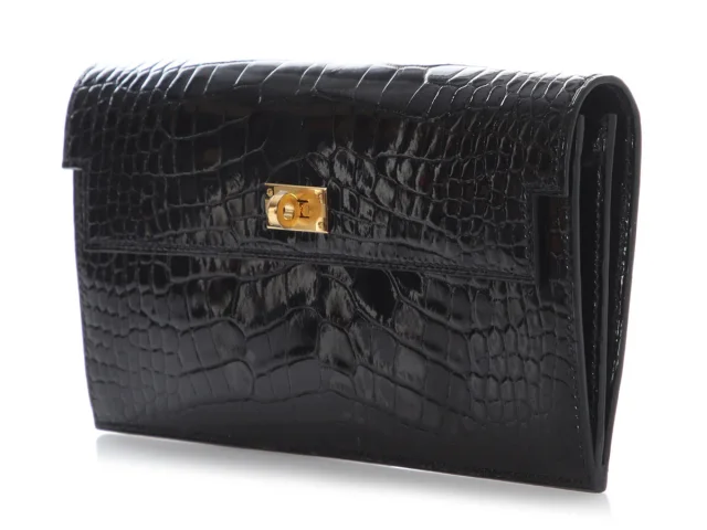 Hermès Black Shiny Alligator Kelly Pocket Long Wallet in Black Crocodile from Ann's Fabulous Finds, photo 3 of 10