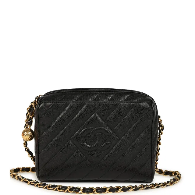 Chanel Vintage Mini Diagonal Quilted Camera Bag Black Caviar Gold Hardware in Black Caviar leather from Madison Avenue Couture