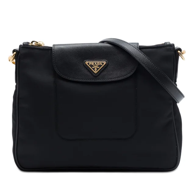 Black Prada Saffiano Trimmed Tessuto Crossbody in Black Saffiano leather from Designer Revival