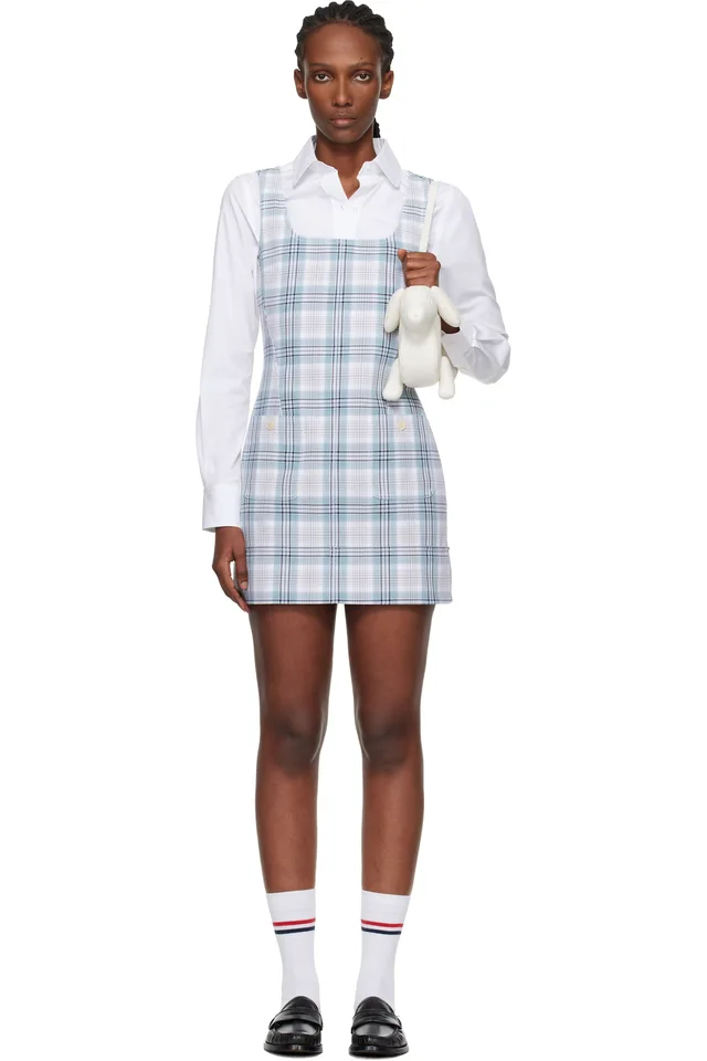 Thom Browne White & Gray Windowpane Plaid Sack Minidress, image 1 of 1 from SSENSE