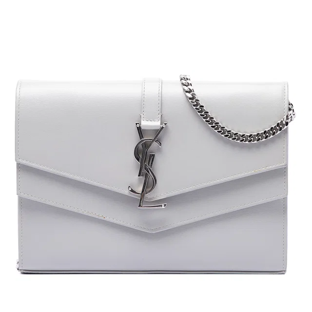 Gray Saint Laurent Leather Monogram Sulpice Wallet on Chain Crossbody Bag in Grey Leather from Designer Revival
