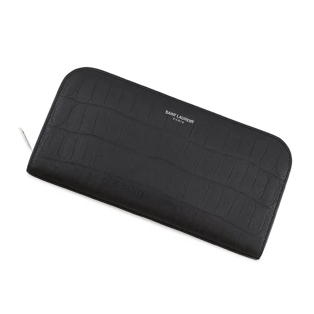 Saint Laurent Wallet Zip Around Croco Embossed Leather Black in Black Leather from The Reluxe