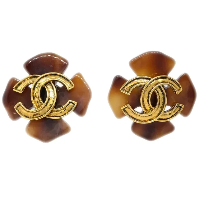 Chanel Clover Earrings Clip-On Brown 94P in Brown Resin from AMORE Vintage Tokyo