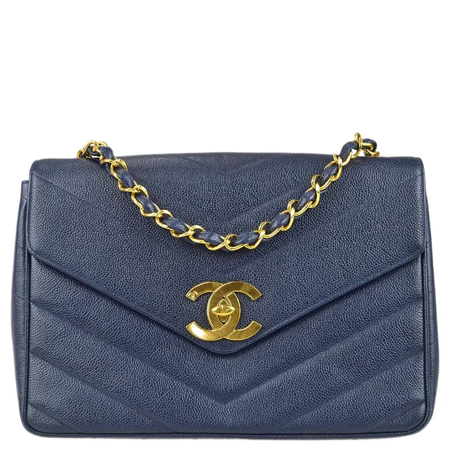Chanel 1994-1996 Navy Caviar Jumbo Chevron Letter Flap Bag in Navy Caviar leather from AMORE Vintage Tokyo