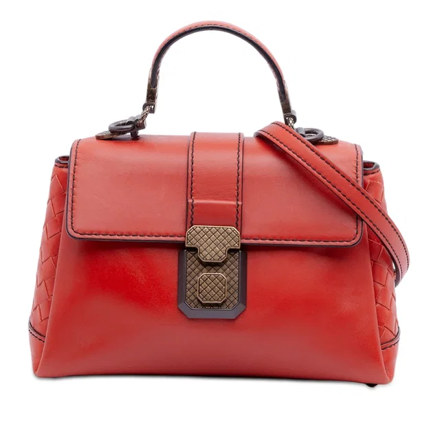 Orange Bottega Veneta Mini Intrecciato Trimmed Nappa Piazza Top Handle Satchel in Orange Nappa leather from Designer Revival