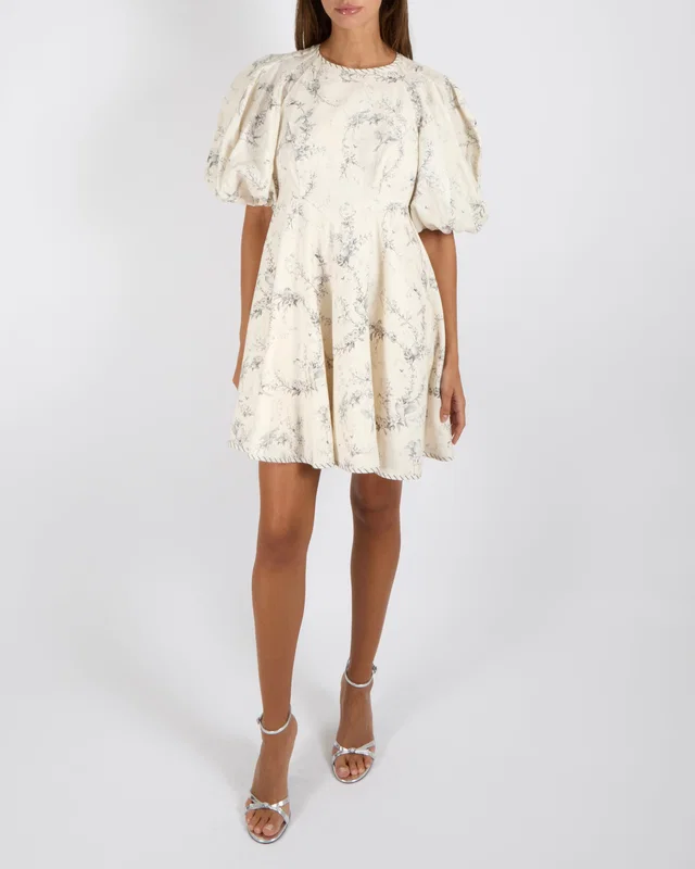 Zimmermann Cream Linen Mini Dress with Puff Sleeves and Grey Floral Print Size 1 (UK 10) in White from Sellier