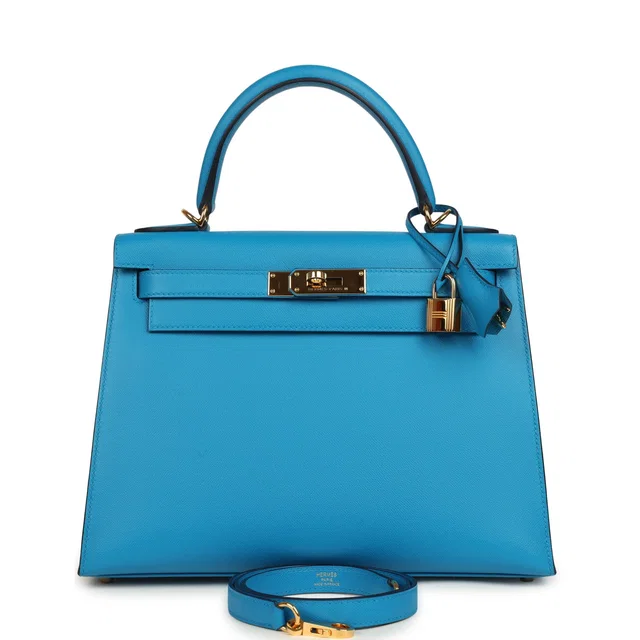 Hermès Kelly Sellier 28 Bleu Frida Madame Gold Hardware in Blue Goatskin from Madison Avenue Couture