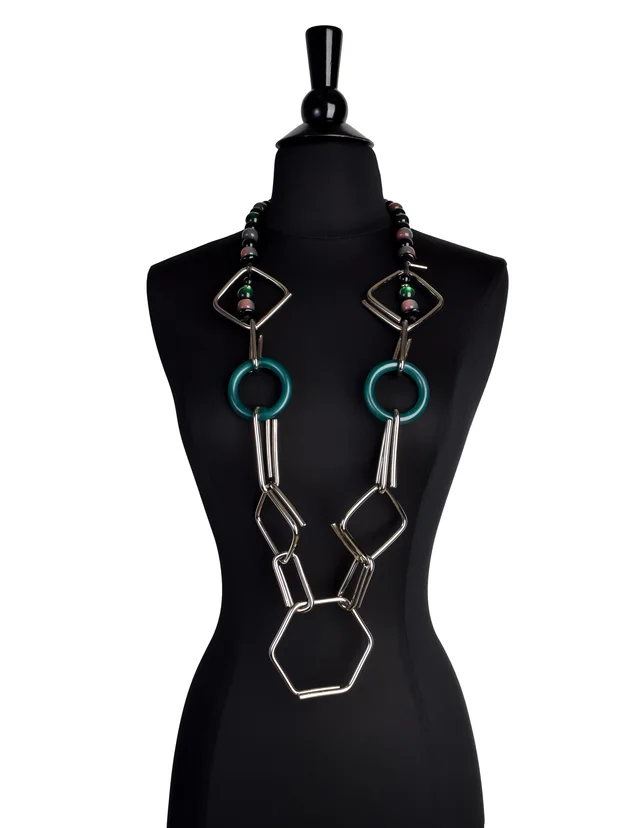 Etro Vintage Black Silver Green Beaded Geometric Metal Statement Necklace in Black from Amarcord Vintage Fashion