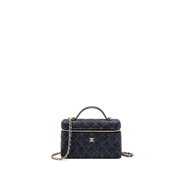 Chanel Top Handle Slim Vanity Case Quilted Denim Dark Blue LGHW (Microchip) in Blue Denim from EMIER