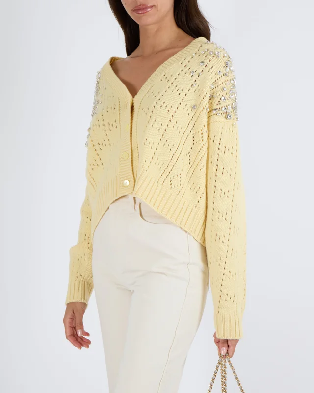 Miu Miu Pastel Yellow Cashmere Knitted Cardigan with Crystal Embellishments Size IT 40 (UK 8) in Yellow Cashmere from Sellier, photo 2 of 2