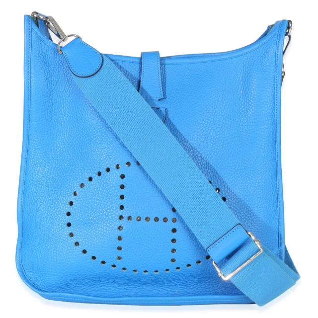 Hermès Bleu Hydra Clemence Evelyne 33 Gm Phw Blue Leather Handbag in Blue Clemence leather from HEWI