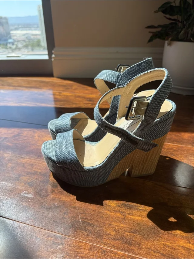 Jimmy Choo Chunky Platform Ankle-Strap Wedge in brown|blue|neutral Denim from Poshmark
