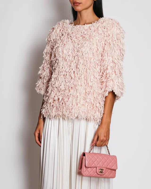Chanel Spring 2018 Pink Textured Fringe Jumper Size FR 38 (UK 10) in Pink Silk from Sellier