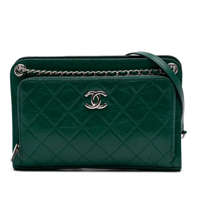 Green Chanel CC Quilted Crinkled Calfskin Front Pocket Crossbody in Green Calfskin from Designer Revival