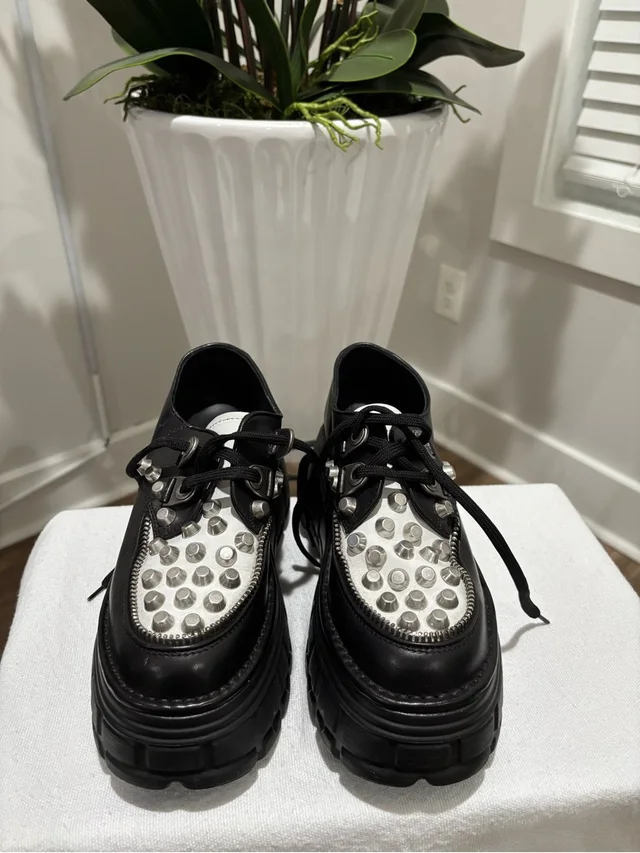 Miu Miu Bicolor Leather Studded Platform Derby Shoes in black|silver|gray Leather from Poshmark