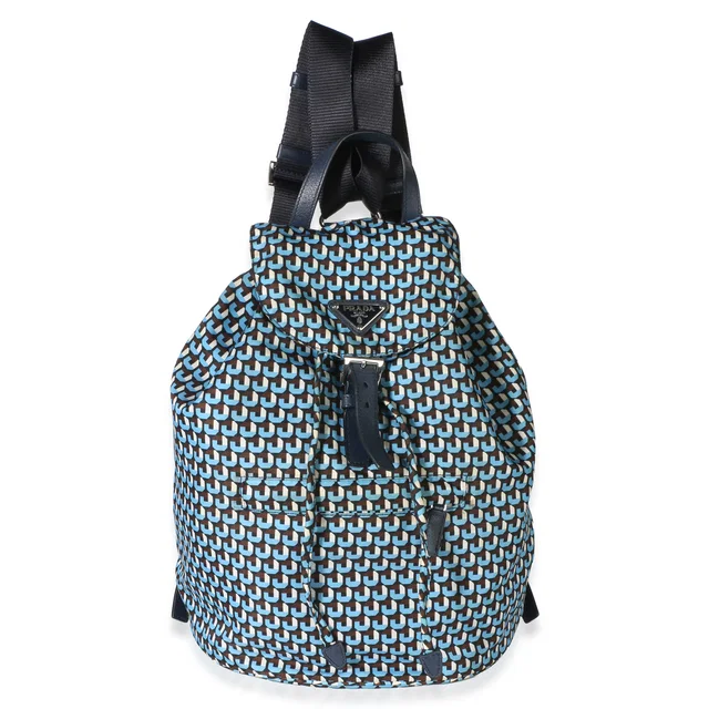 Prada Blue Geometric Print Nylon Tessuto Drawstring Logo Backpack in Blue Nylon from myGemma