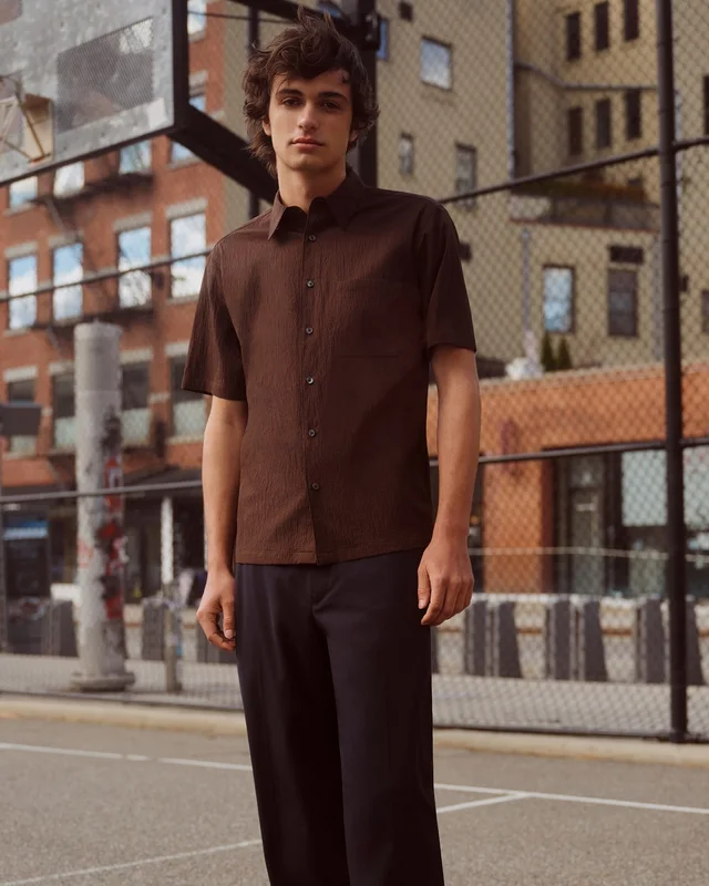 Theory Noll Short-Sleeve Shirt in Kelso Nylon in ESPRESSO BEAN, photo 14 of 14 from Theory