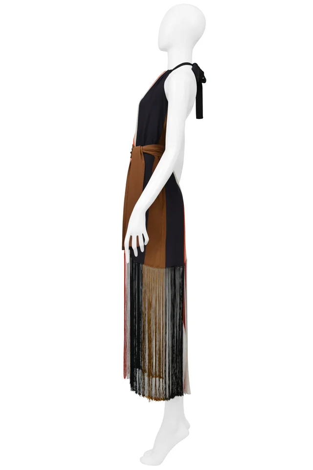 Fendi Red White Navy And Black Stripe Halter Dress With Fringe 2014 in Black Silk from Resurrection Vintage, photo 2 of 2