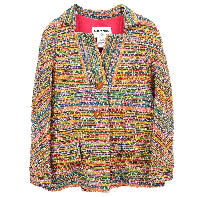 Chanel 2016 Single Breasted Tweed Jacket Pink Yellow Green #34 in Green Tweed from AMORE Vintage Tokyo