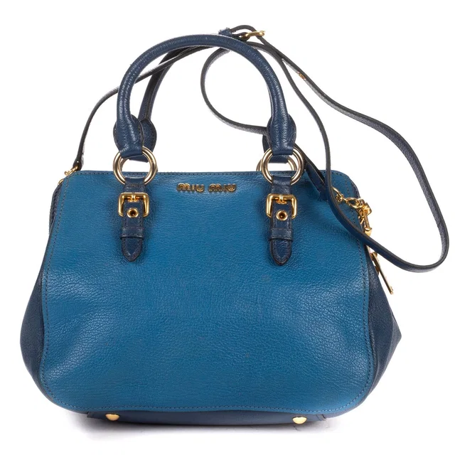 Miu Miu Bauletto Bag Blue Navy Madras Leather in Navy Leather from The Reluxe