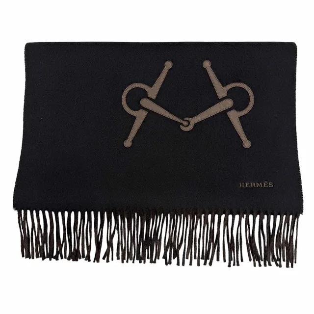Hermès Brown Ebony Leather Horsebit Logo Embroidery Reversible in Black Cashmere from The Reluxe