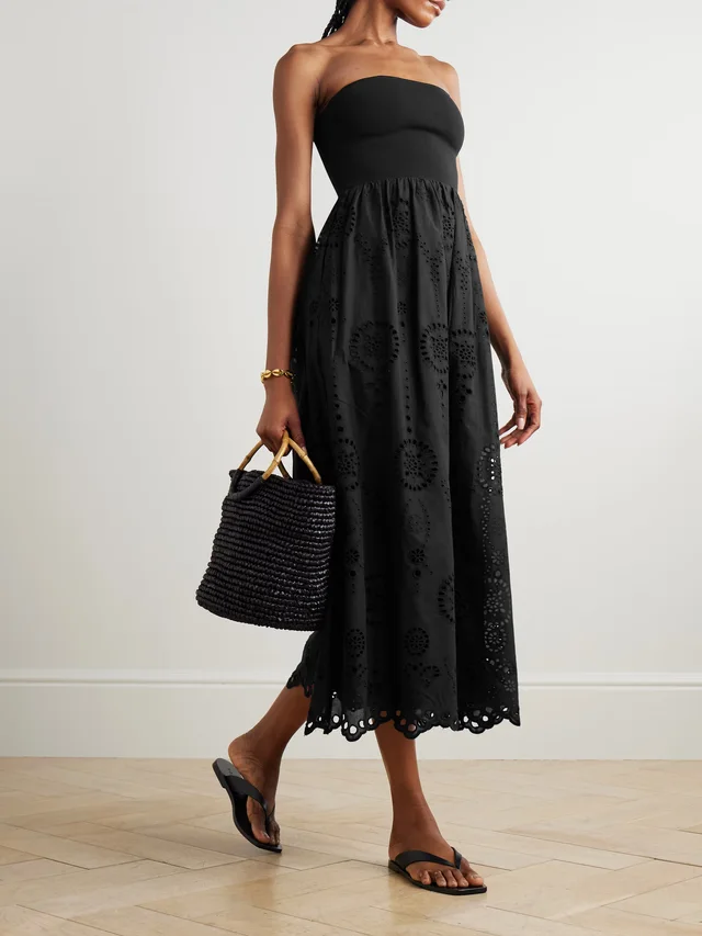MATTEAU Strapless broderie anglaise organic cotton and stretch-knit midi dress in Black, photo 2 of 2 from NET-A-PORTER (Canada)