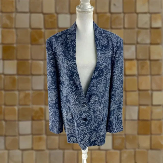 Etro Blazer Women 46 Blue Wool Blend Paisley 2-Button Jacket Italy Aop in blue Wool from Grailed