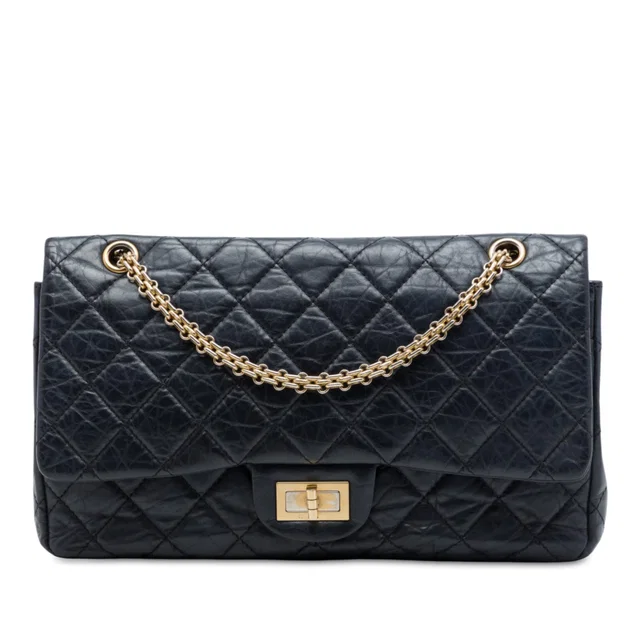 Black Chanel Quilted Aged Calfskin Reissue 2.55 Double Flap 227 Shoulder Bag in Black Calfskin from Designer Revival