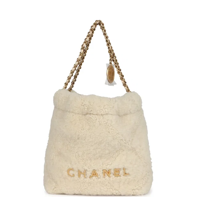 Chanel Mini 22 Bag Ecru Shearling Gold Hardware in Ivory Shearling from Madison Avenue Couture