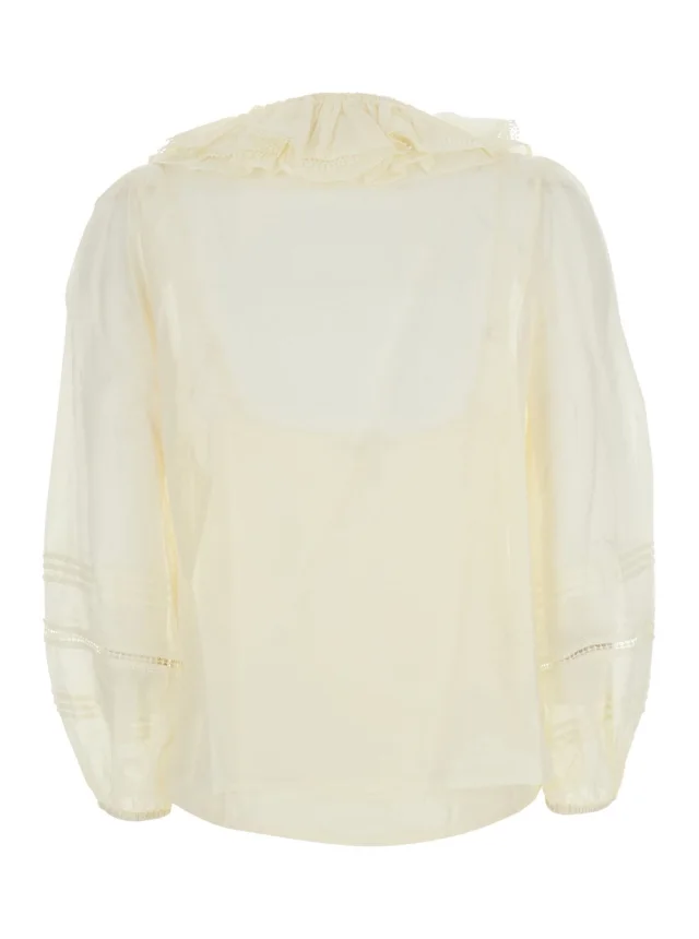 DREAM CATCHER 'Aria' White Blouse with V-neck and Ruffles on the Front in Fabric for Women in White, photo 3 of 6 from Gaudenzi Boutique