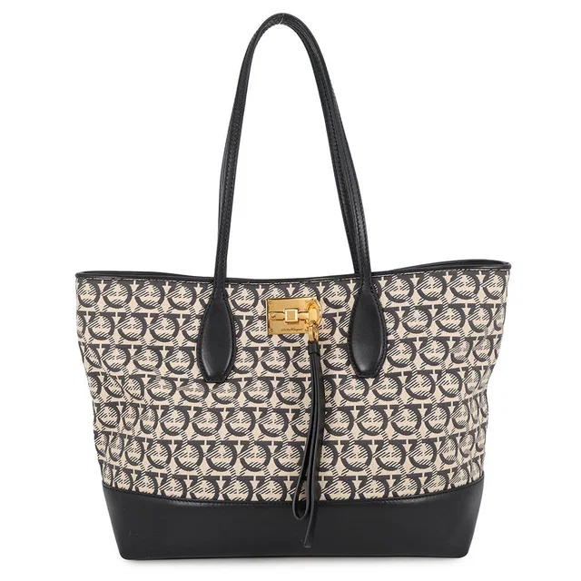 Ferragamo Gancini Tote Bag Black/Beige21H663 720393 Leather Canvas in Black Canvas from GALLERY RARE