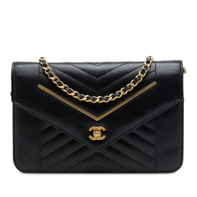 Black Chanel Reversed Chevron Lambskin Wallet on Chain Crossbody Bag in Black Lambskin from Designer Revival