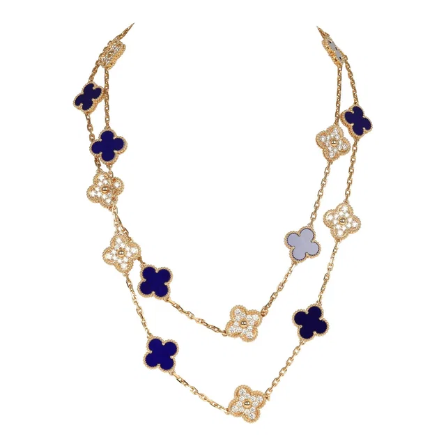 Van Cleef & Arpels "Vendome" Vintage Alhambra 20 Motif Long Necklace Blue Sevres Porcelain 18K Yellow Gold &… in Blue from Madison Avenue Couture