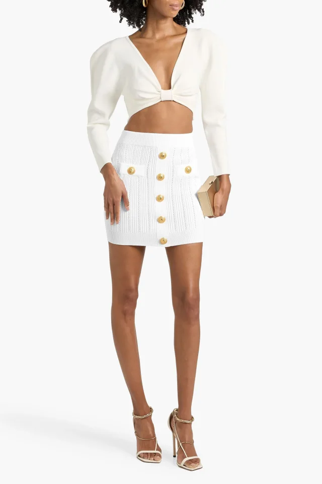 Balmain Embellished Pointelle and Ribbed-Knit Mini Skirt in White, photo 2 of 4 from THE OUTNET