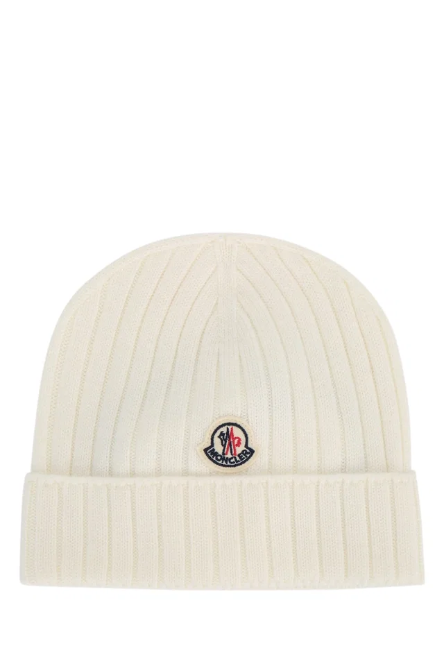 Moncler Hat Ribbed Wool Beanie — Cream Beanies in White Wool from HEWI