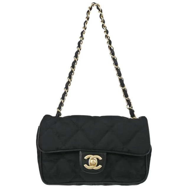 Chanel 2005-2006 Black Nylon Jacquard Travel Mini Classic Single Flap Handbag in Black Nylon from AMORE Vintage Tokyo